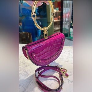 Chloe Fuchsia Croc-Embossed Clutch with Gold Accents